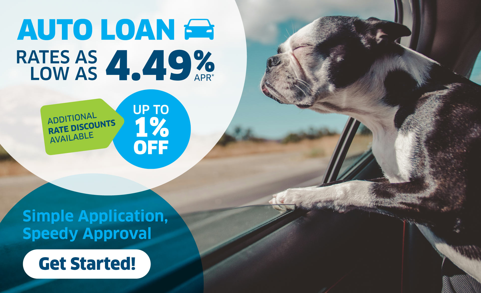 Auto Loan rates as low as 4.49% APR + additional rate discounts available